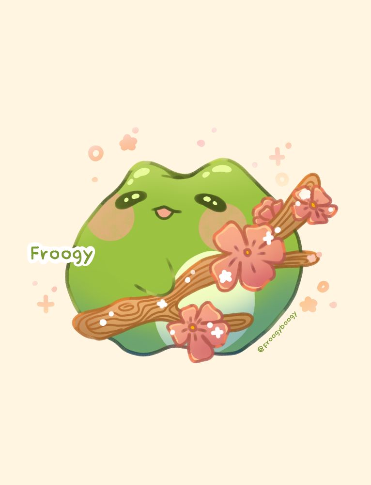 Cute frog character holding a cherry blossom branch smiling while looking away. He's very proud of his branch!
