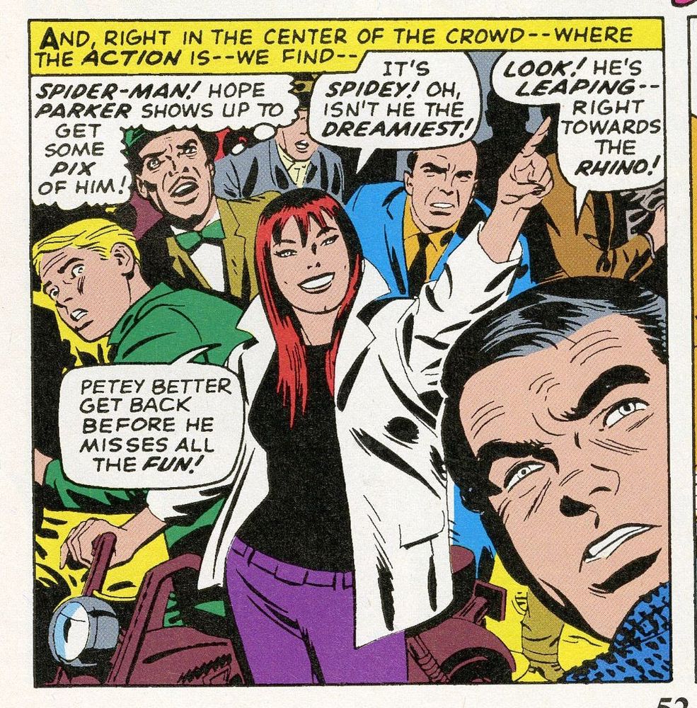 Mary Jane Watson stands in the middle of a panicked crowd. She's wearing a big white jacket, black shirt, and purple pants