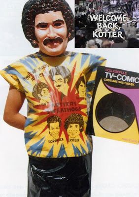 Welcome Back Kotter Halloween costume; mask depicts Gabe Kaplan as Mister Kotter, sporting a stylish 1970s perm and mustache