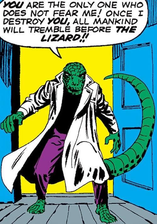 Spider-Man foe The Lizard wears a big white lab coat, black shirt, and purple pants. Hmm...