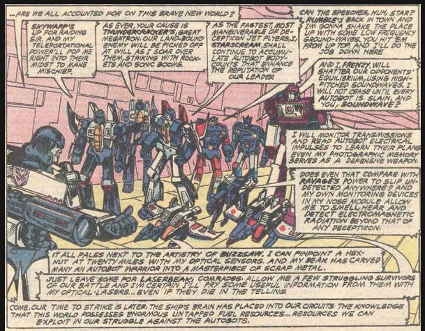 Megatron introduces the Decepticons in a comic book page that's obscured by lots and lots of dialogue