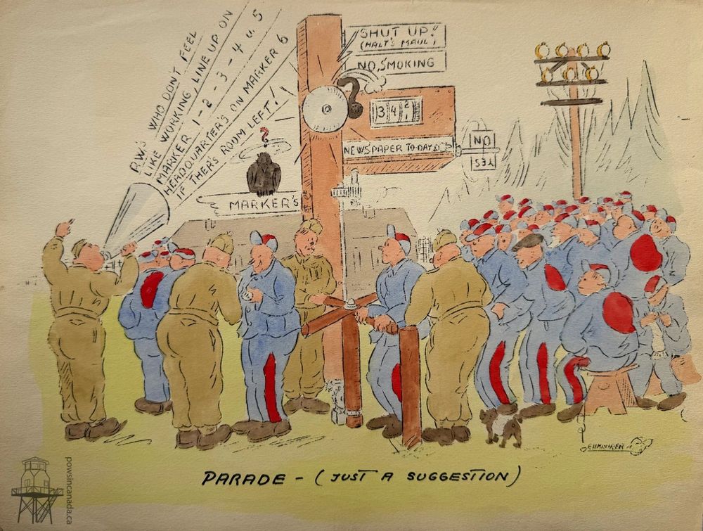 Coloured sketch of prisoners standing together for a morning parade. The guards struggle to keep order. 