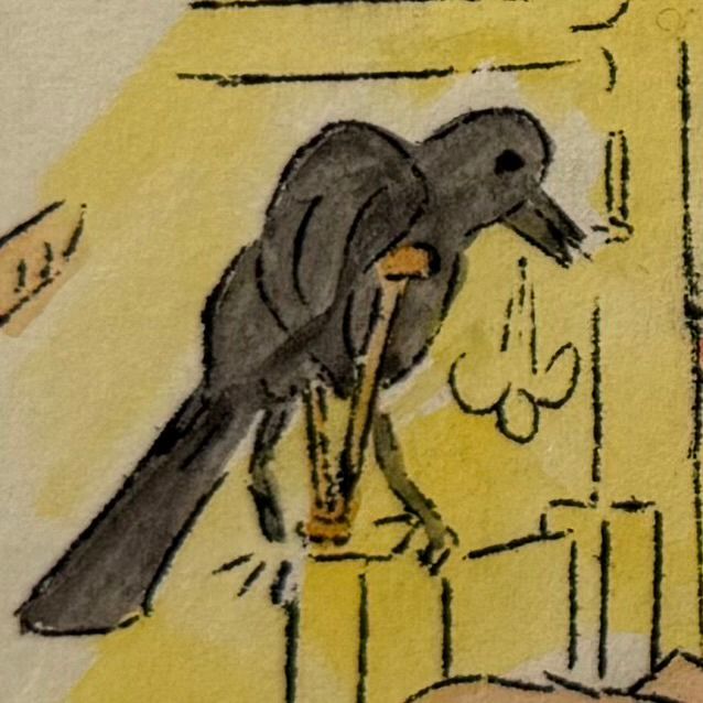 Cartoon of a crow standing with a crutch 