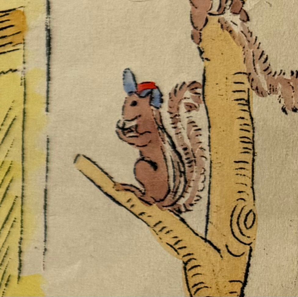 Cartoon of a squirrel wearing a prisoner of war cap