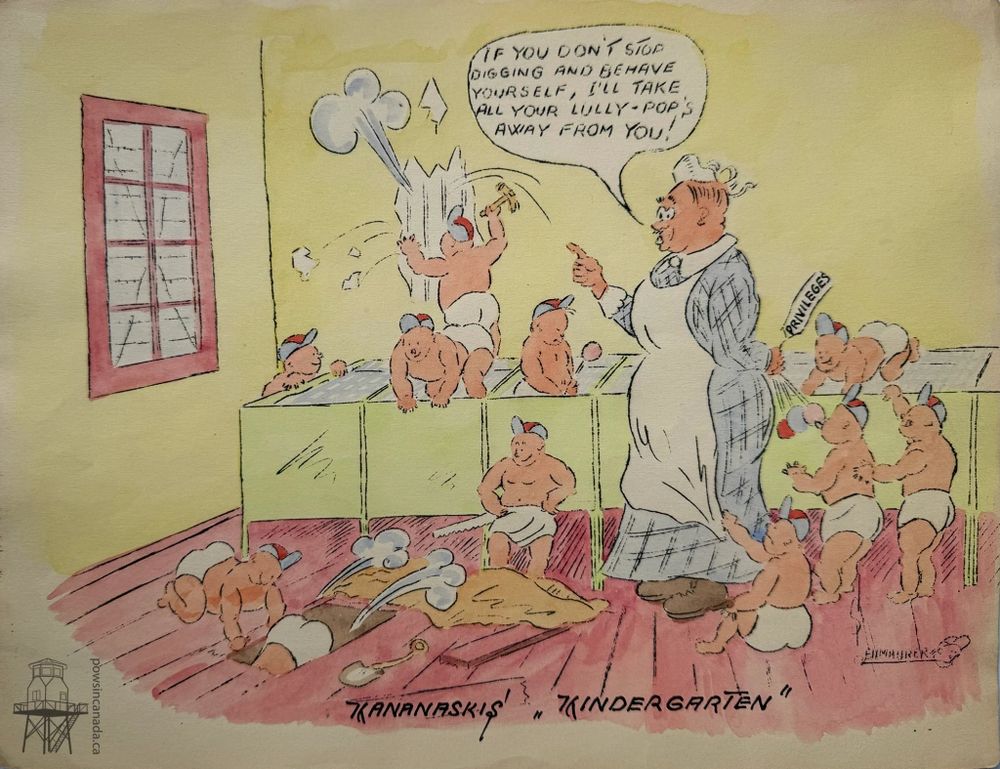 Cartoon print of a prisoner of war guard dressed as a nanny and several internees as babies. Some babies dig a tunnel, one hammers on a wall, while the others ignore the nanny. The nanny states “If you don’t stop digging and behave yourself, I’ll take all your lolly-pops away from you!”