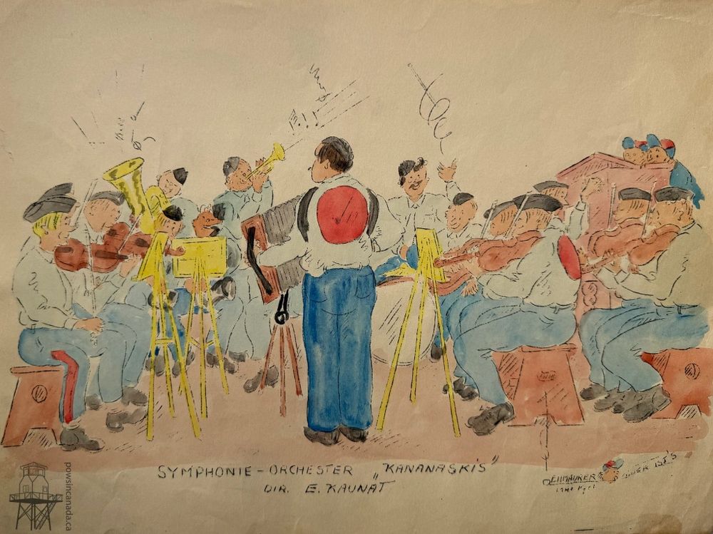 Coloured sketch of a small orchestra. The conductor stands in the foreground wearing a prisoner of war shirt with a large red circle on the back. 