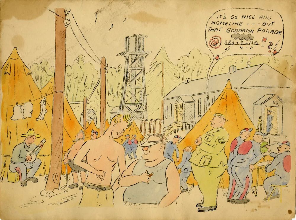 Cartoon print of a camp scene. Several internees mill about while a guard states “It’s so nice and homelike — But that Goddamn Parade [swearing symbols]”