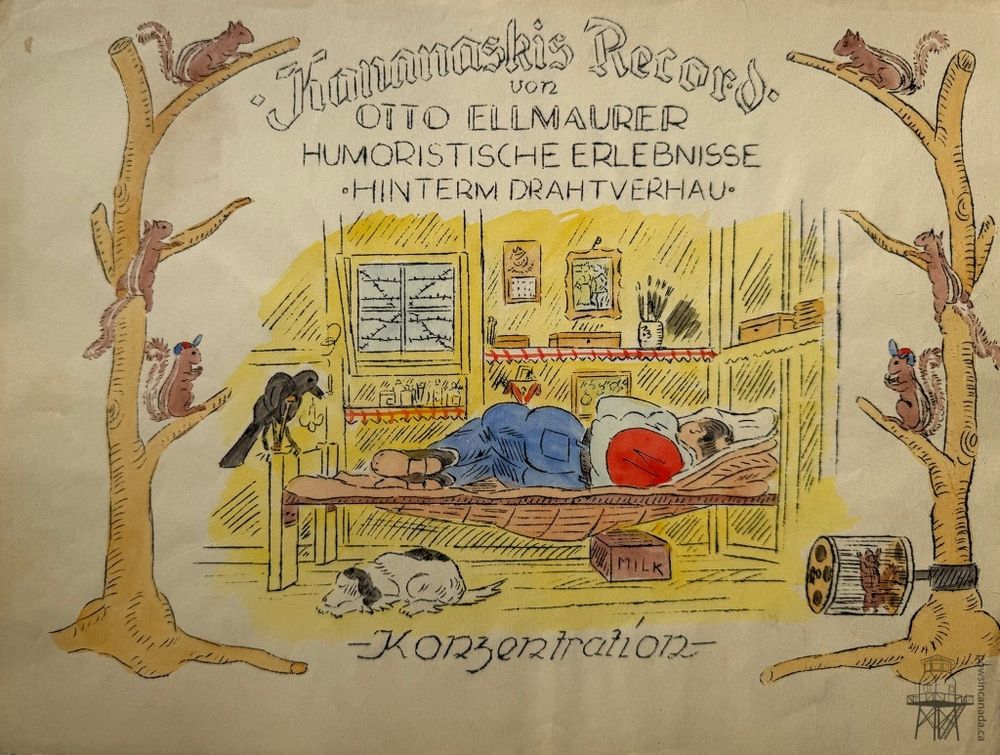 A coloured sketch showing a man wearing a prisoner of war uniform asleep on a bunk. Barbed wire fences are visible through a window. A dog sleeps next to the bed while a crow with crutches stand on the bedpost. The picture is flanked by two trees with several squirrels, two of them wearing POW caps, on the branches. 