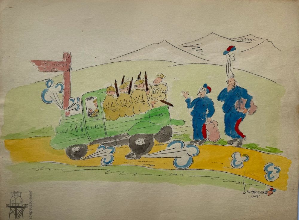 A truck transporting armed guards screeches to a halt in front of two internees. One internee gestures to hitch a ride while the other is extremely surprised. 