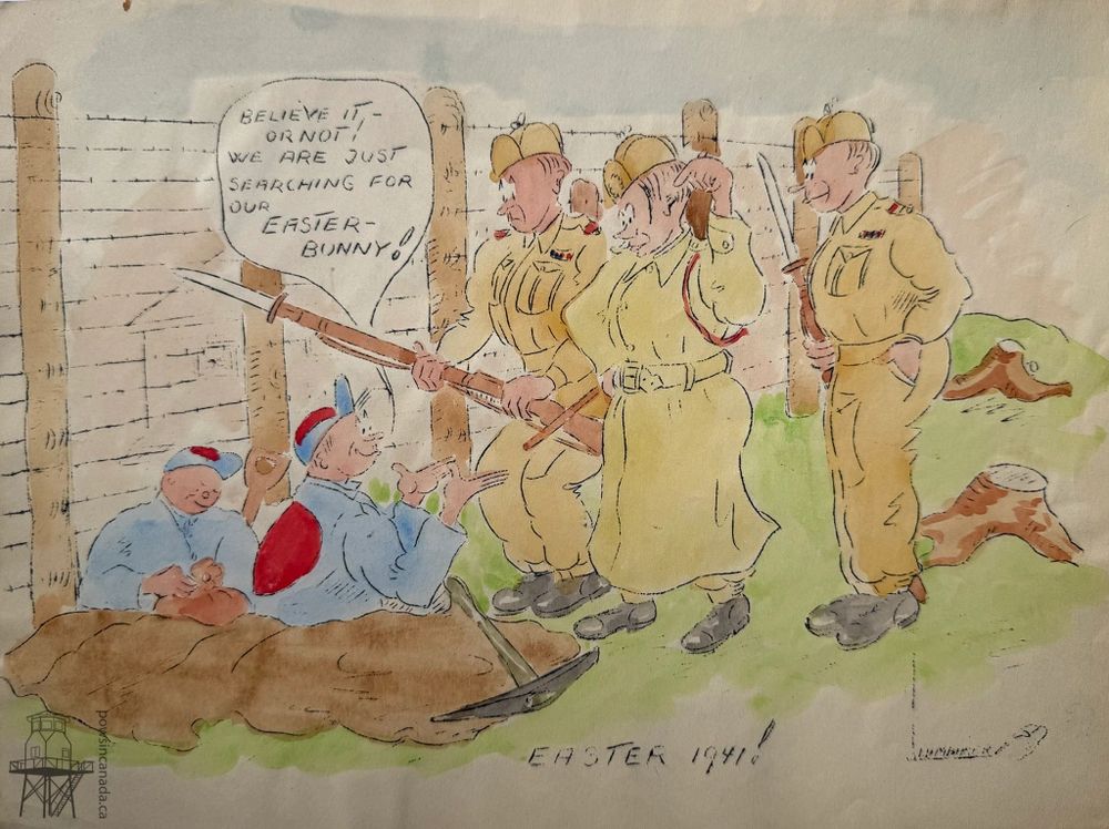 Print of two prisoners of war emerging from a hole dug under a barbed wire fence but are caught by three guards. One prisoner tells the guards “Believe it or not! We are just searching for our Easter Bunny!”