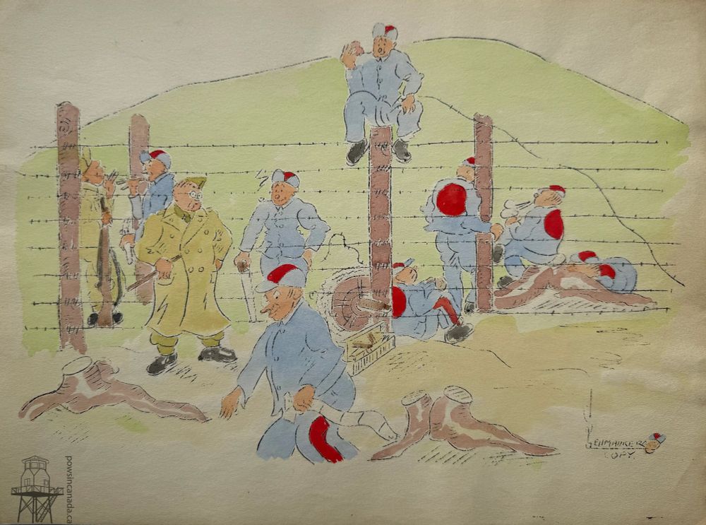 Coloured sketch of a prisoner of war work crew. A guard stands disapprovingly as the prisoners do anything but work on a barbed wire fence. One prisoner chats with a guard, one is off to the washroom, another eats an apple while sitting on a fence post, while the rest smoke or sleep. 