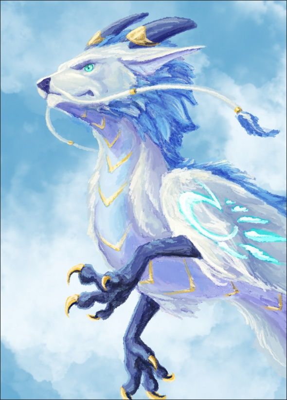 A sketchy painting of a white eastern dragon with dark blue limbs and horns, blue fluff, and golden accents. 