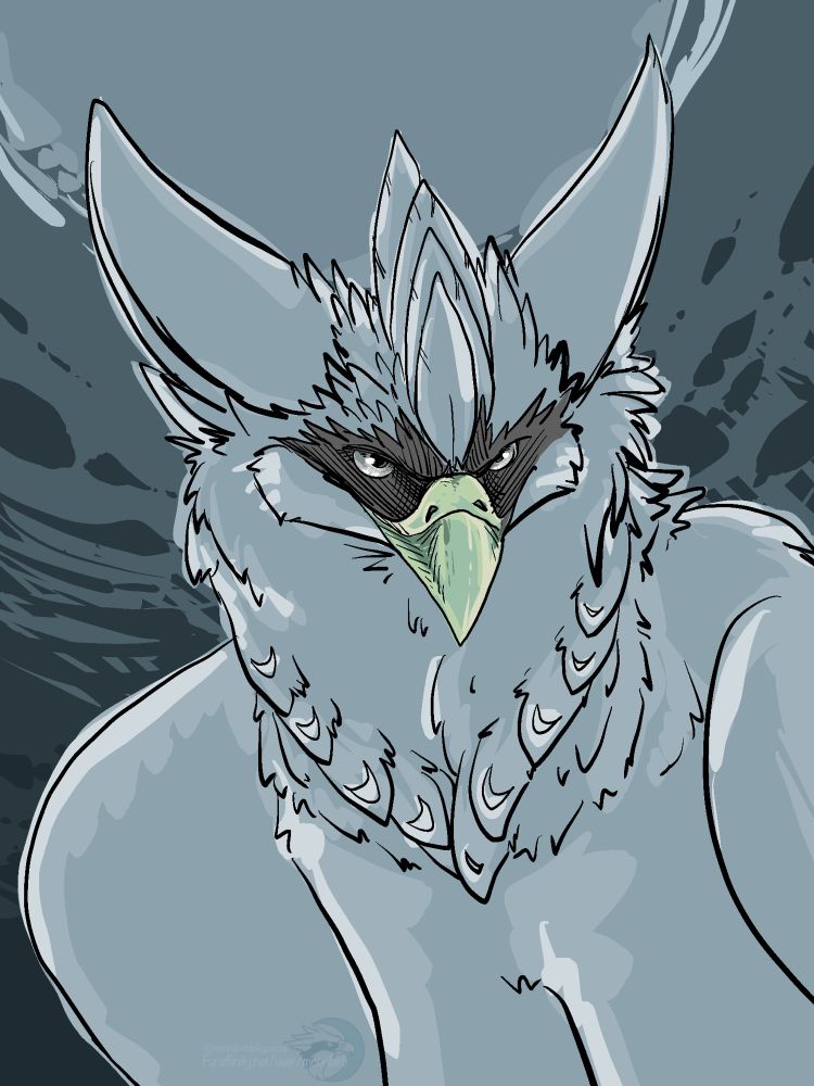 A white gryphon with a black mask. 