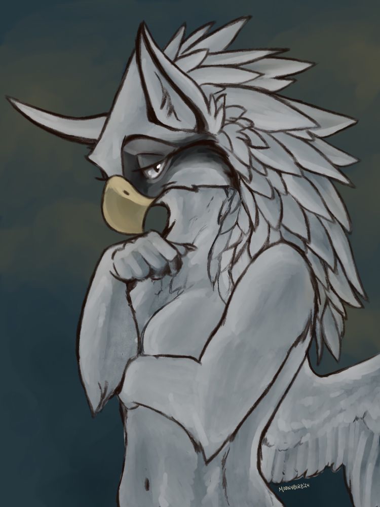 Moonlight, the white gryphoness with a black mask around her silver eyes, and yellow beak. 
