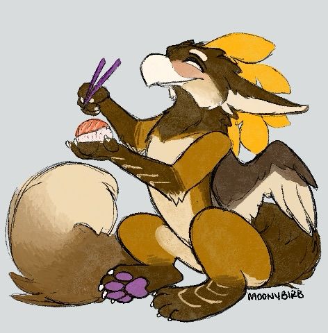 A happy golden gryphon holding up a piece of salmon sushi.