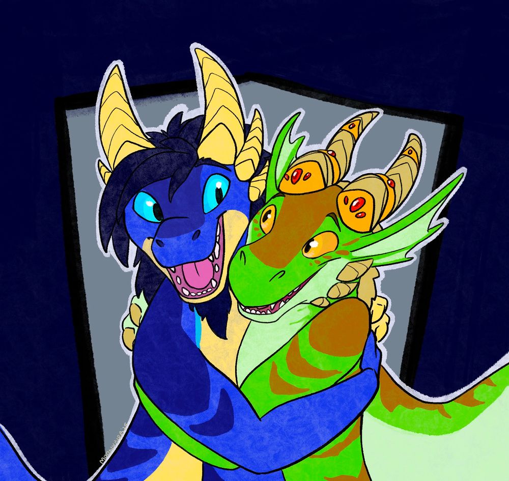 A blue anthro dragon and green anthro dragon hug cutely. 