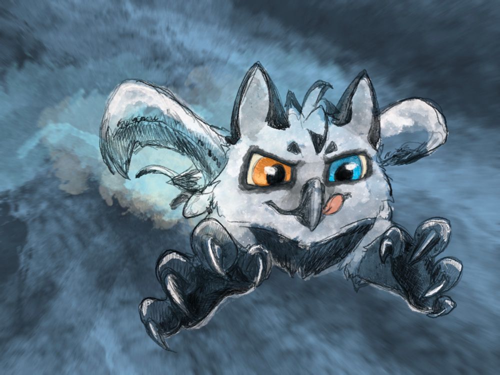 A gryphon pounces towards the viewer with claws outstretched. 