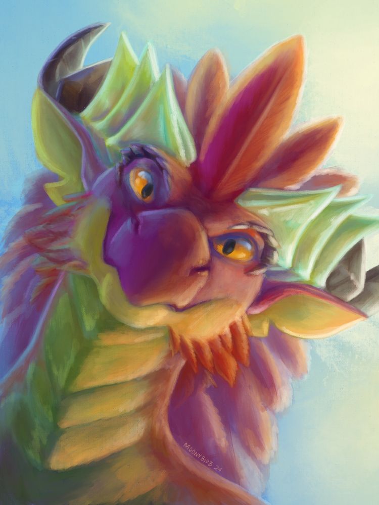 A red feathered dracthyr apexis arakkoa looks at the viewer. Digital painting done with a painterly feel. 