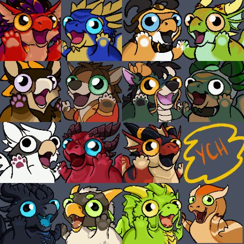 A bunch of very happy critters flailing around (if the gif works), as a YCH offering. These are meant to be used as emojis in discord.