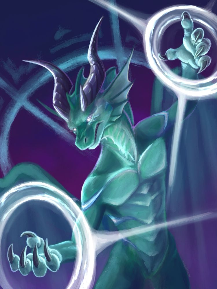 A greenish Dracthyr performing a magic spell.