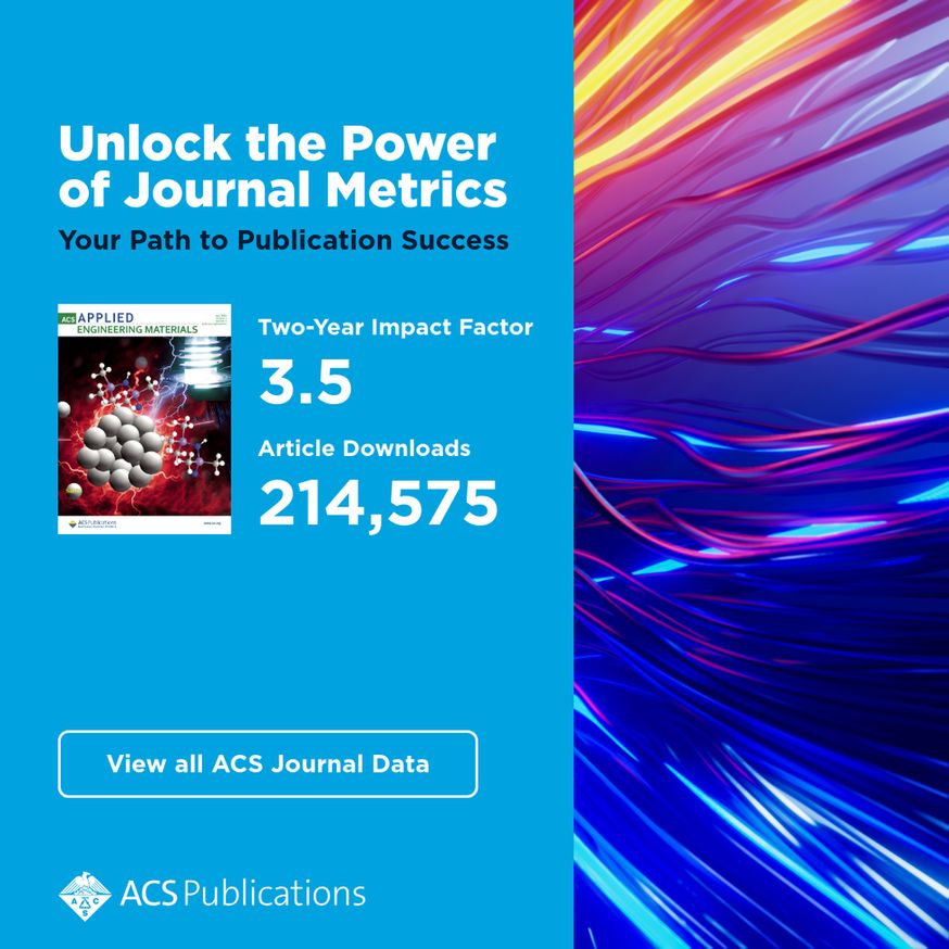 Graphic with the text: Unlock the Power of Journal Metrics. .Your Path to Publication Success. .Two-Year Impact Factor 3.5. .Article Downloads 214,575. .View all ACS Journal Data.'