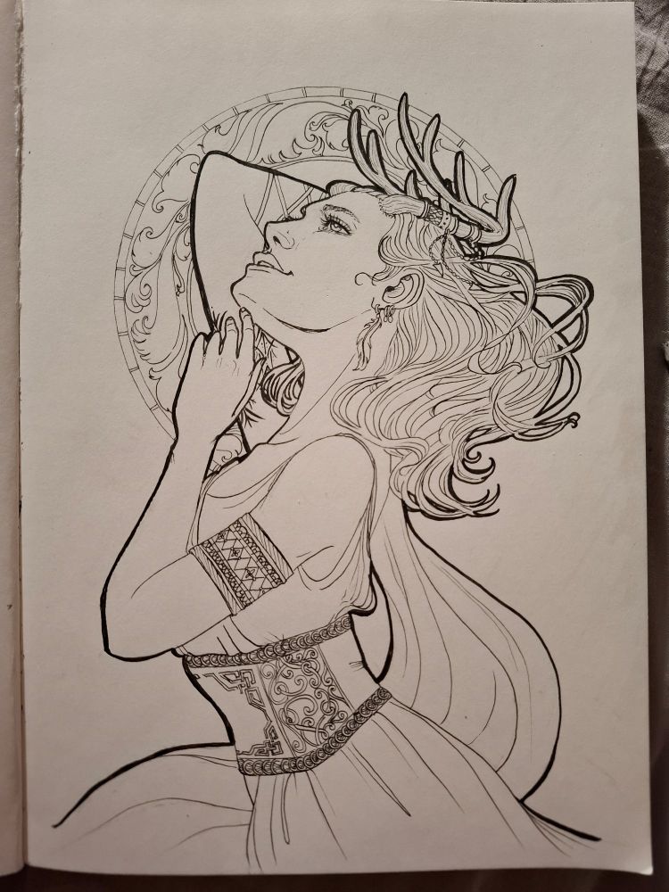 An inked alphonse muchaesque lady with antlers.