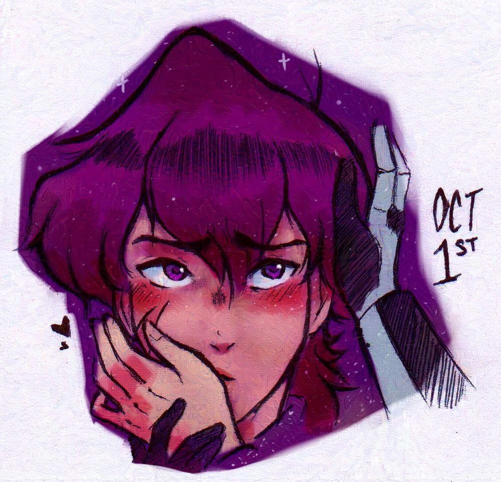 pencil sketch with digital coloring. background is purple Keith's eyes violet and Keith's skin is reddish from blushing, mostly on his cheeks. The lighting of the space they're in makes Shiro's hand appear more pale than usual. Prosthetic is light gray.

image text: OCT 1ST

Keith is kissing Shiro's hand, thumb specifically. Keith's fingers are on Shiro's  Viewer can see the corner of Keith's lips. Keith's eyes are looking up to the viewer's right. Shiro's right prosthetic is gently caressing along the side of Keith's head.

end image description.