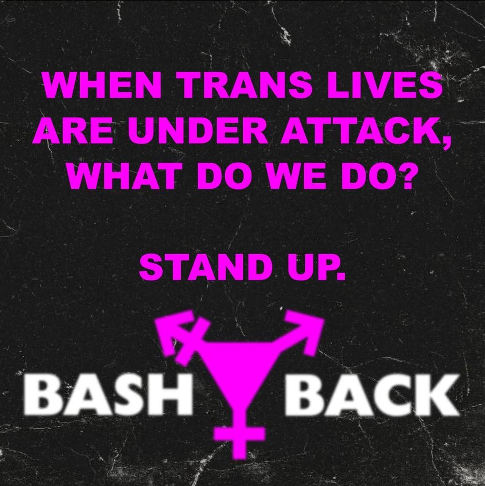 A poster on a black paper textured background, with the logo (an inverted pink triangle with "trans symbol" spokes at each corner, sat between "Bash" and "back"

WHEN TRANS LIVES ARE UNDER ATTACK, WHAT DO WE DO?
STAND UP

BASH BACK 
