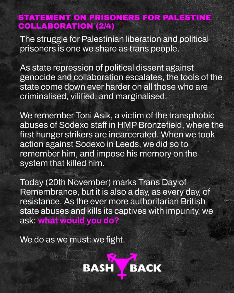The struggle for Palestinian liberation and political prisoners is one we share as trans people.

As state repression of political dissent against genocide and collaboration escalates, the tools of the state come down ever harder on all those who are criminalised, vilified, and marginalised. 

We remember Toni Asik, a victim of the transphobic abuses of Sodexo staff in HMP Bronzefield, where the first hunger strikers are incarcerated. When we took action against Sodexo in Leeds, we did so to remember him, and impose his memory on the system that killed him.  

Today (20th November) marks Trans Day of Remembrance, but it is also a day, as every day, of resistance. As the ever more authoritarian British state abuses and kills its captives with impunity, we ask: what would you do?

We do as we must: we fight.