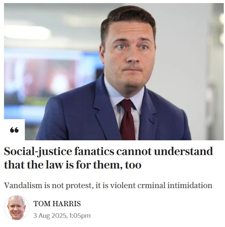 Article thumbnail from (🤮) The Telegraph (🤮), written by Tom Harris, reading: "Social-justice fanatics cannot understand that the law is for them, too." With the subtitle "Vandalism is not protest, it is violent crminal [sic] intimidation"