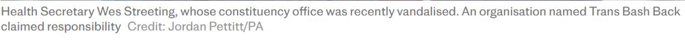 a caption from the article reading "Health Secretary Wes Streeting, whose constituency office was recently vandalised. An organisation named Trans Bash Back claimed responsibility"