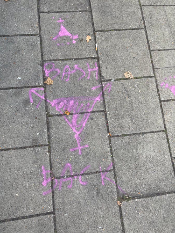 The BASH BACK symbol (a pink inverted triangle with trans symbol spokes) and the words BASH BACK, sprayed in pink 
