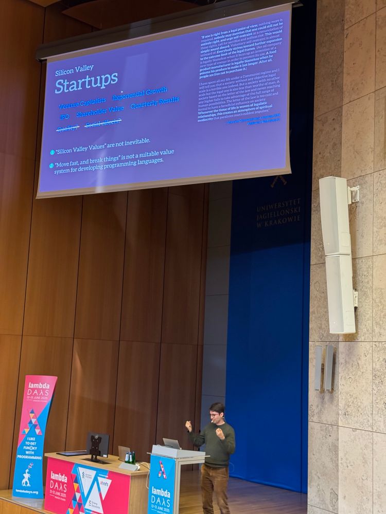 Evan Czaplicki, creator of Elm, at Lambda Days Conf 2025 on Silicon Valley culture and how its incentives are inherently opposed to quality