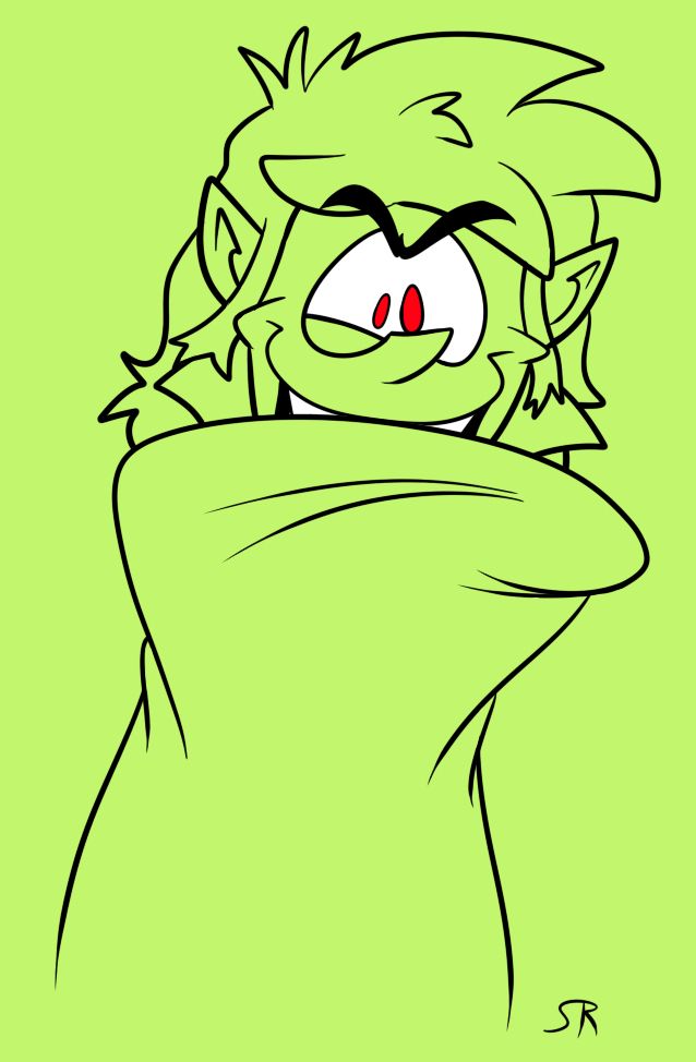 Maxwell covering up his body in his cape, glaring at the viewer with a grin
