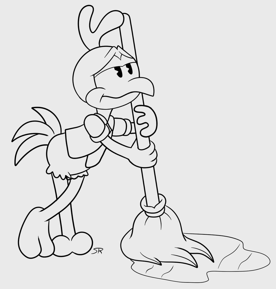 Chucky Chicken leaning against a mop, daydreaming