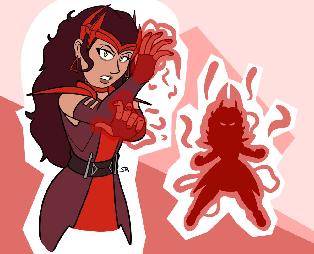 A half-body drawing of Marvel's Scarlet Witch based on her Marvel Rivals design (albiet simplified) accompanied with a silhouette of SW brimming with chaos magic
