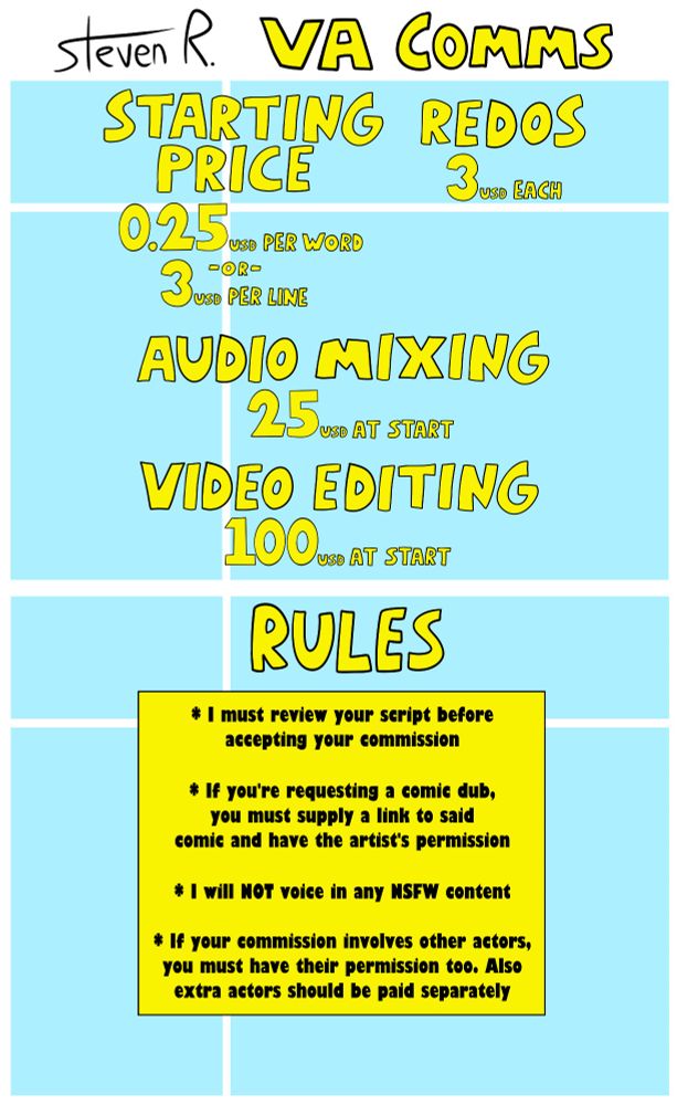 My price sheet for my services as a voice actor and video editor