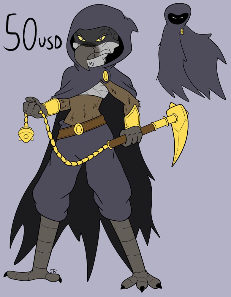 An anthropomorphic vulture woman with a tatter cloak and a chained sickle in her hands