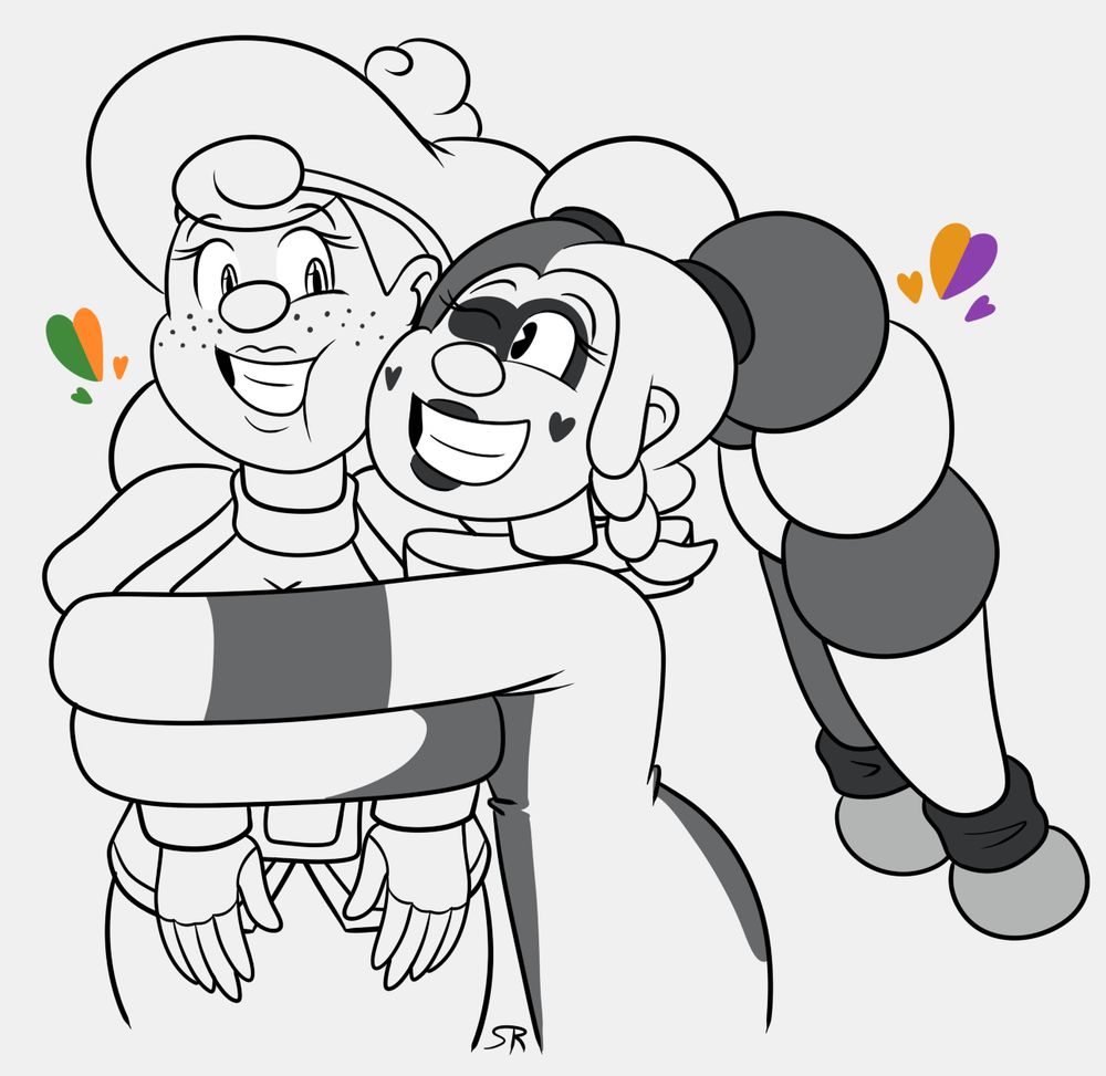 Playto (om the right) is hugging Carol (on the left), wrapping her elastic arms around her
