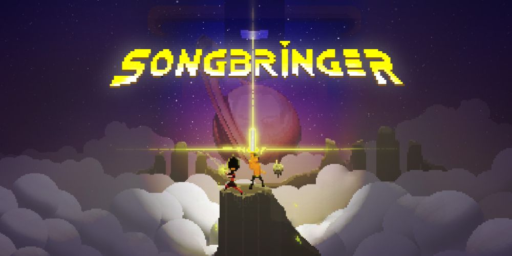 Songbringer cover art. A hero on a mountain holds up a sword with a beam of light shooting from it. A woman and a robot are either side of him and a ringed planet in the background