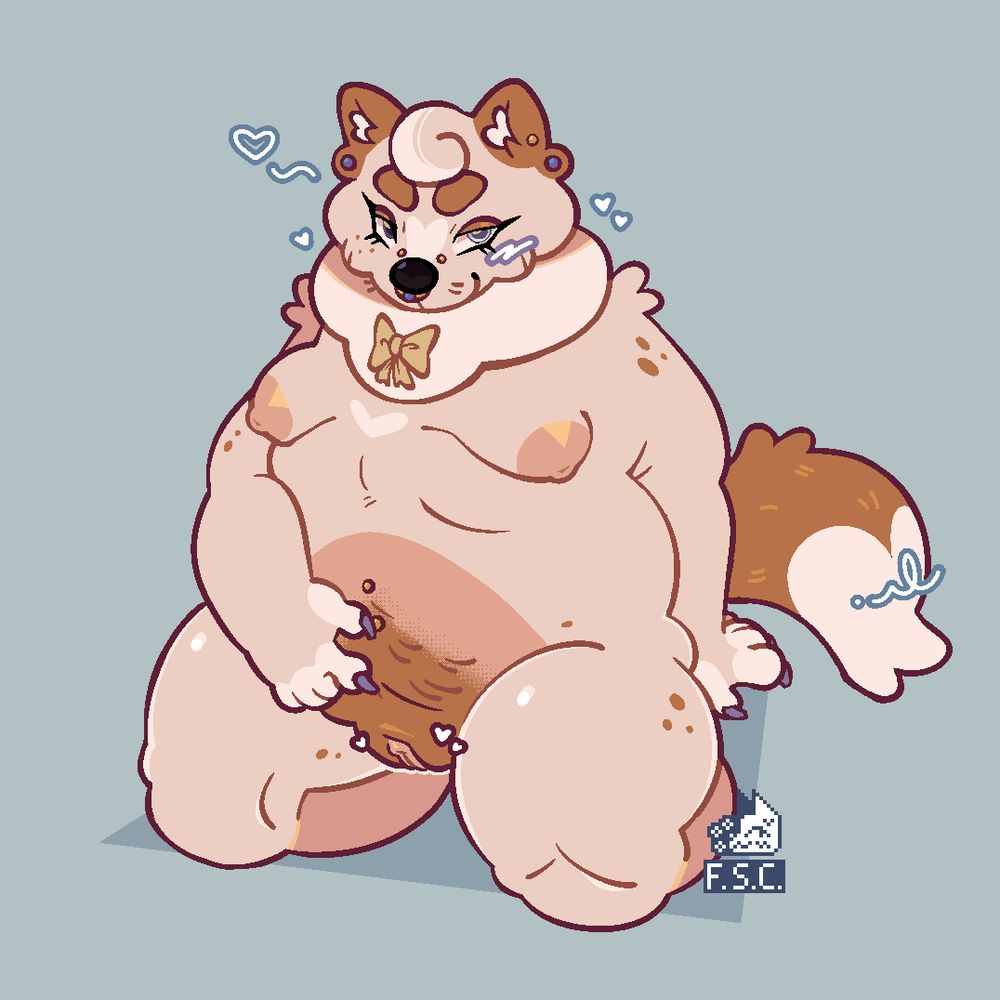 A fat, naked, anthro, wolverine furry sitting on their knees and pointing to his pussy.