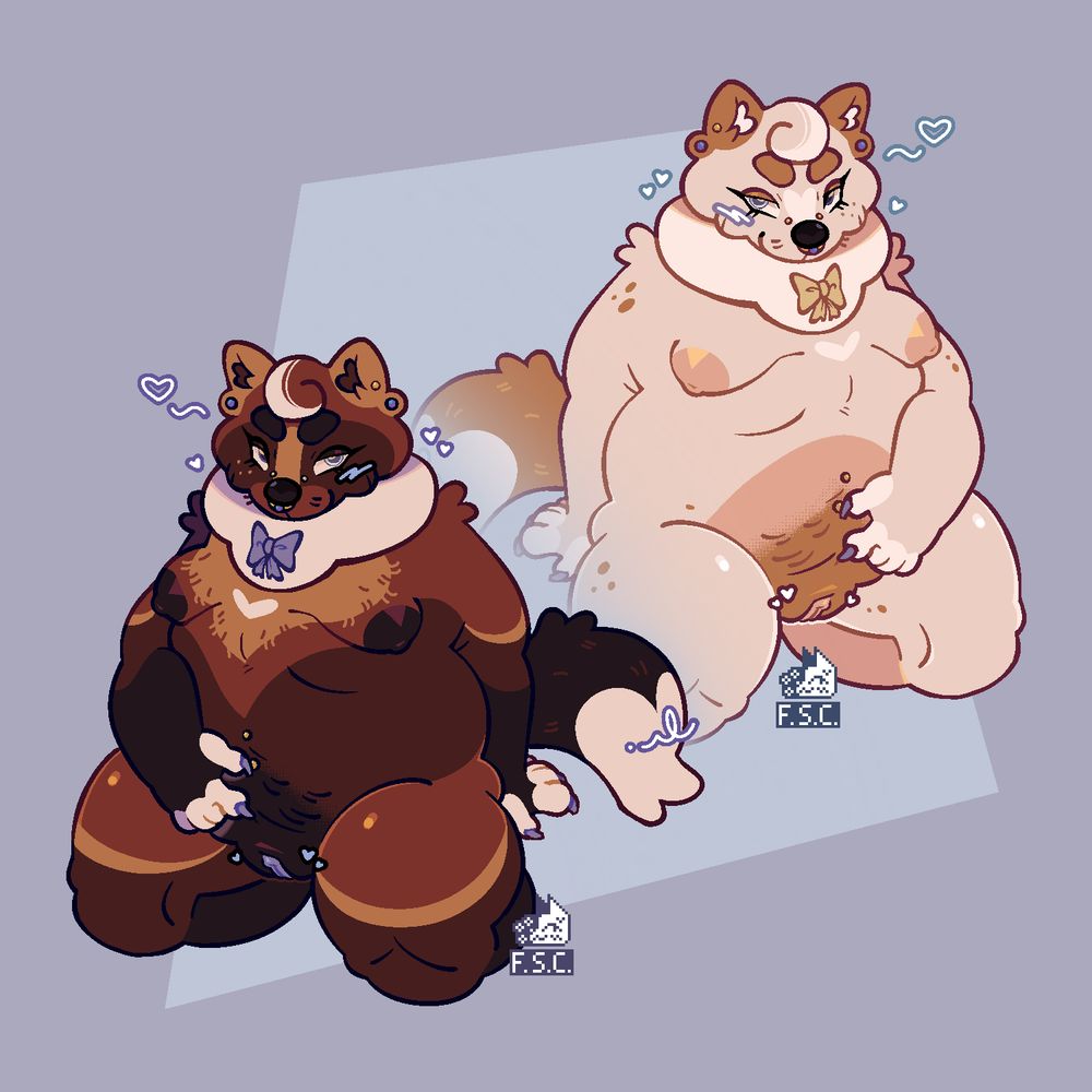 A fat, naked, anthro, wolverine furry sitting on their knees and pointing to his pussy.
