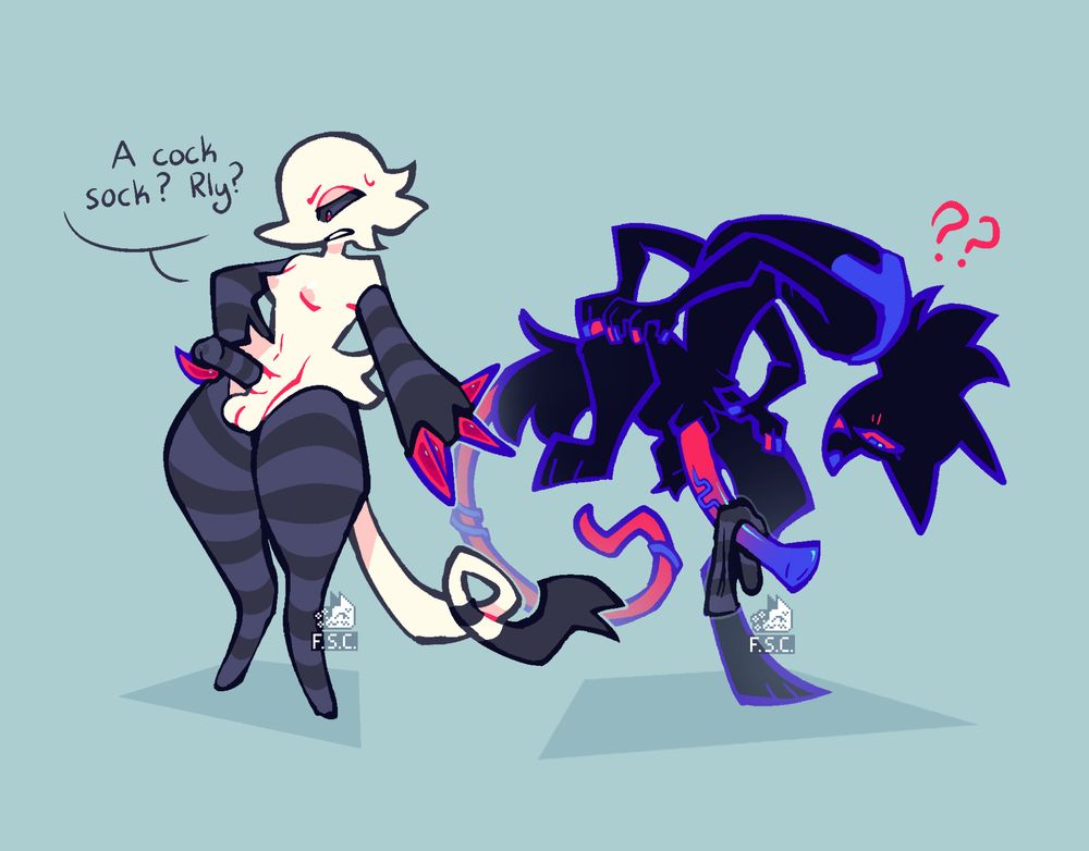Two naked, anthro furries. The white one on the left is wearing socks on her arms, legs, and cock. The one on the right is all black and has put the sock on wrong.