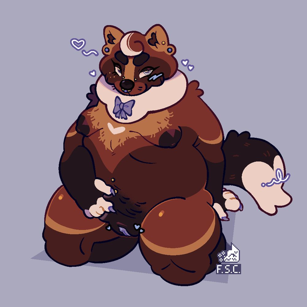A fat, naked, anthro, wolverine furry sitting on their knees and pointing to his pussy.