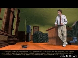 Tex Murphy in a clip from the 1994 computer game Under a Killing Moon, killing time by trying to toss playing cards into a hat placed six feet away on the floor.