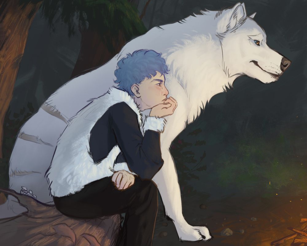 Painting of a huge white wolf and a young man watching a campfire in a forest, peacefully