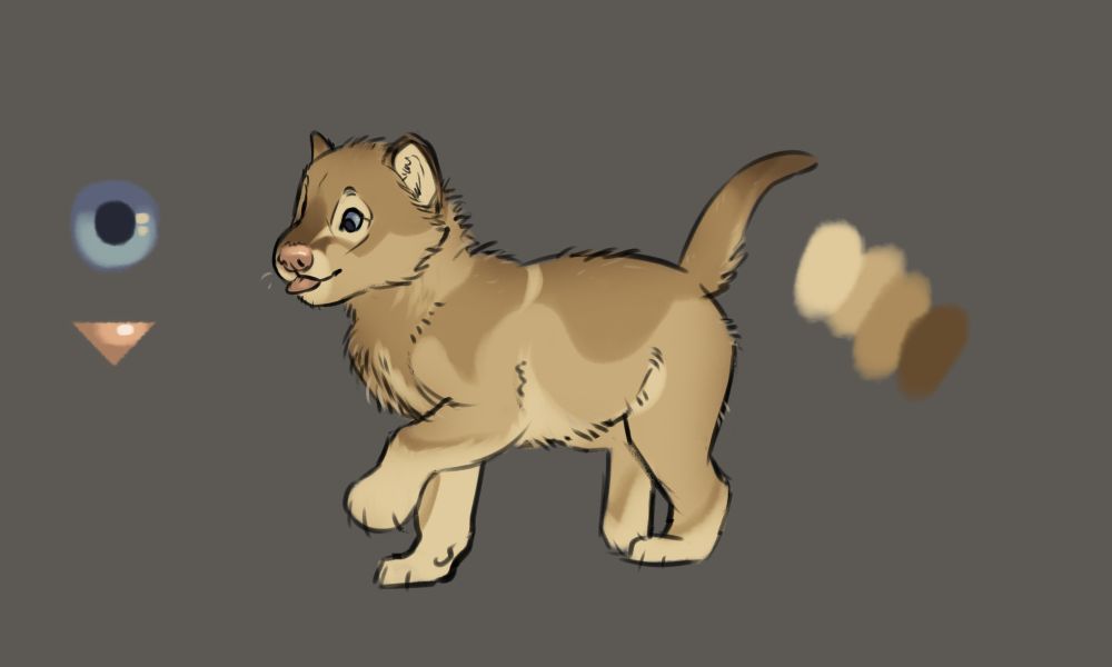 A reference image of a wolf OC. It's a tiny pup, barely weaned. It has a sepia colour scheme, a pink nose and blue eyes. 