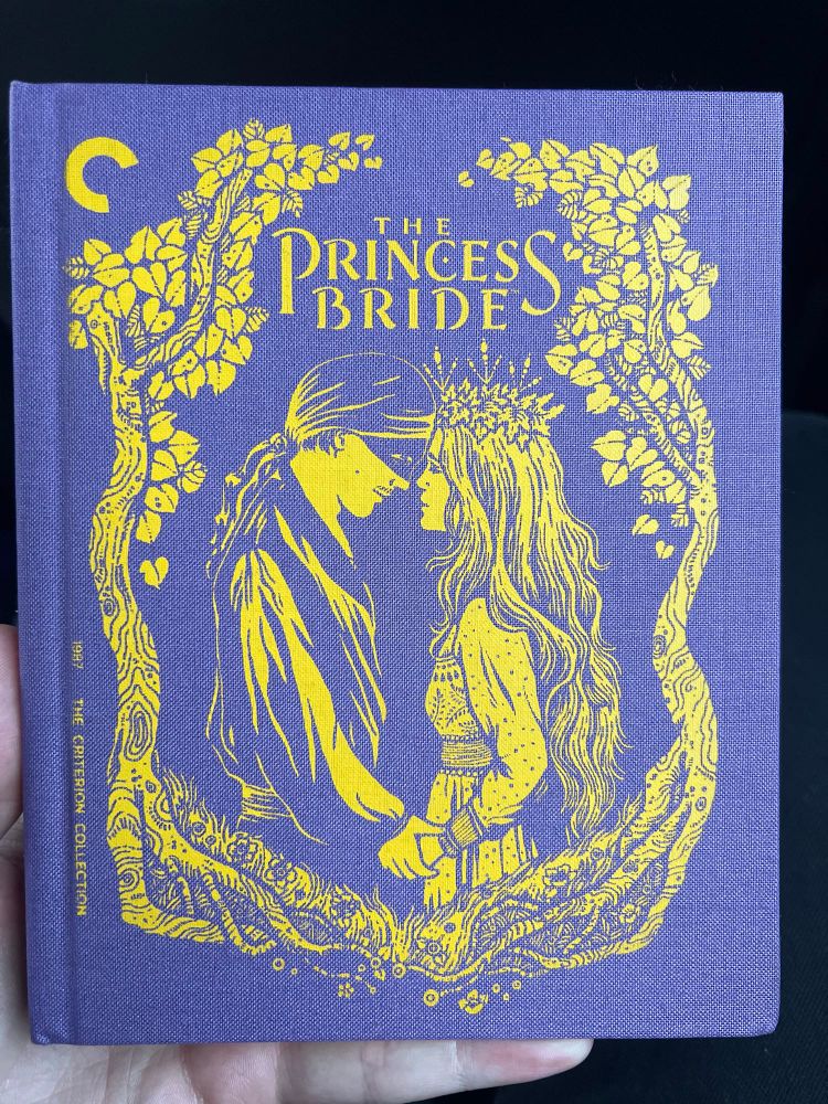 A movie case that looks like a book. The case is purple with a golden yellow embossed design of a man in a mask and baggy attire looking lovingly into the eyes of a queen with long hair and a dress. The pair is framed by trees, roots, and leaves with the title text “The Princess Bride” directly above them.