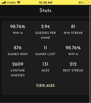 Josh’s Cinequote stats, including a 98.76 Win %, 131 Aces, a current 81 game win streak, and a Best Streak of 212.