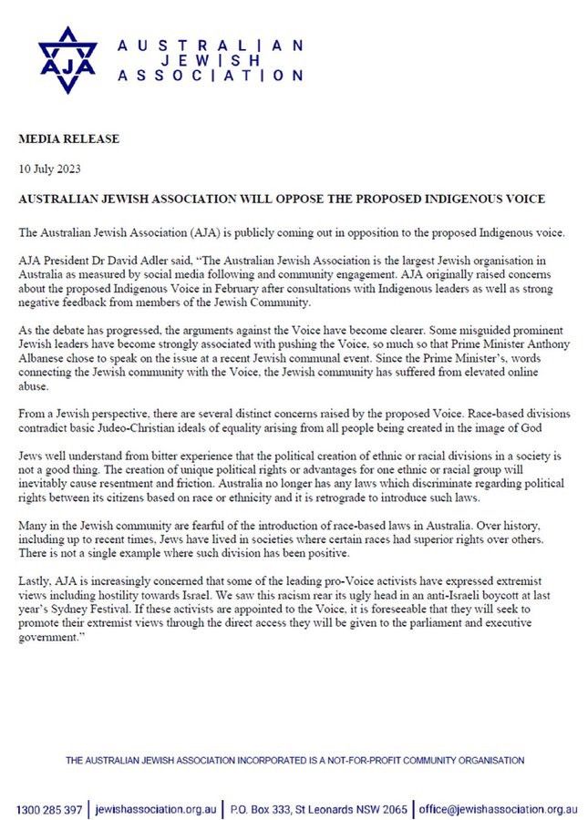 Australian Jewish Association media release opposing the Voice for indigenous Australians.